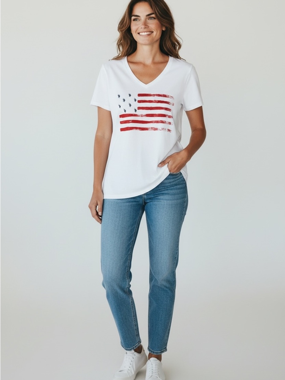 U.S. Polo Assn. White V-Neck Tee with Distressed Red Flag Graphic